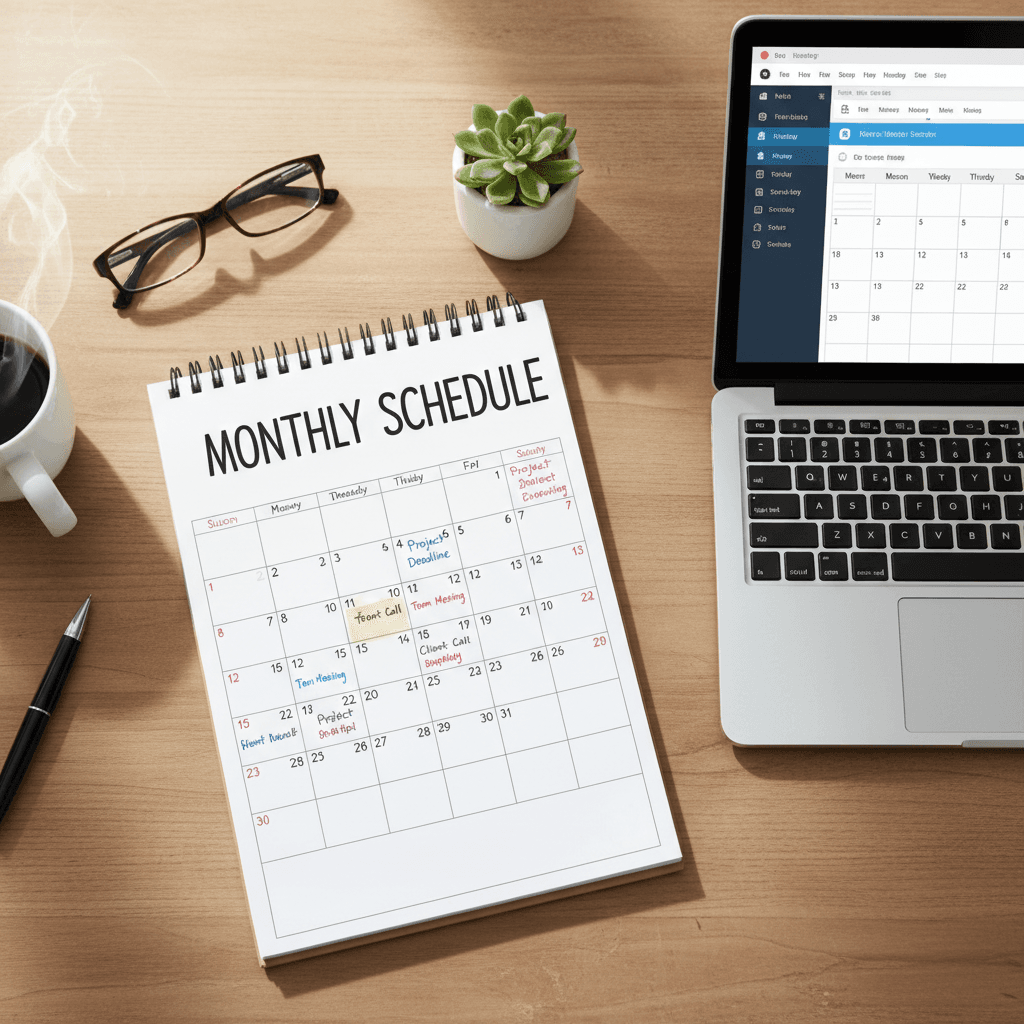 Planner calendar on a desk with a coffee cup and laptop showing a monthly schedule
