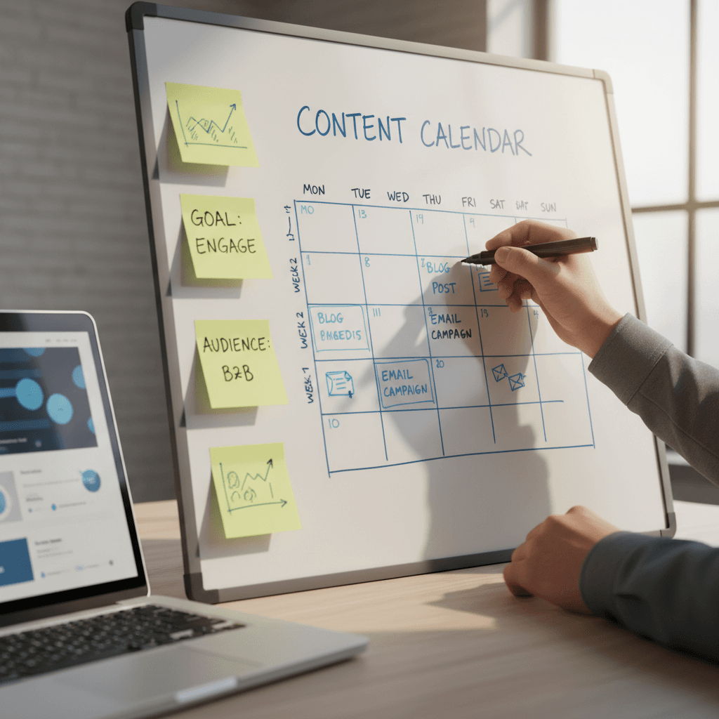Marketing strategist sketching a content calendar on a whiteboard