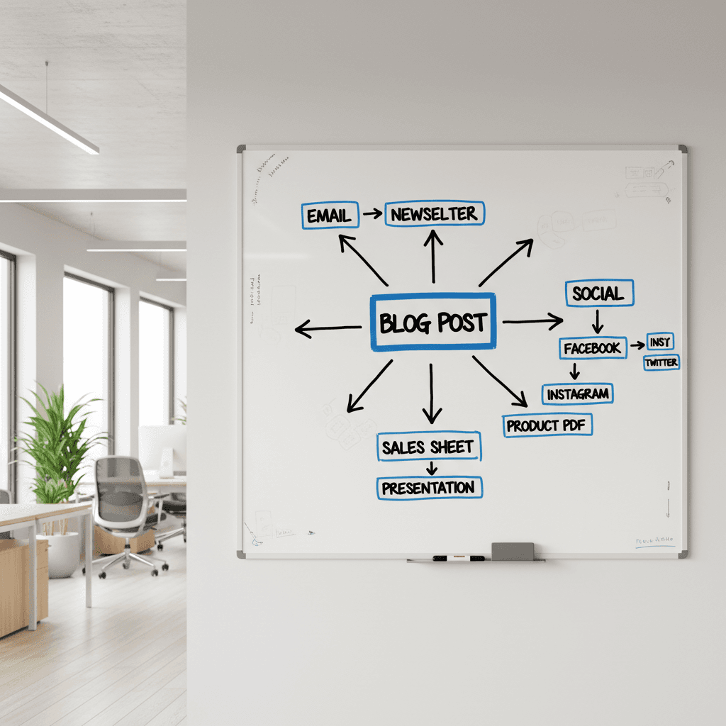 Whiteboard illustrating a content repurposing workflow from blog post to other assets