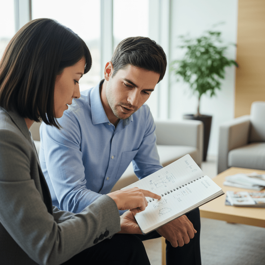 Two professionals in conversation with one pointing to a notebook