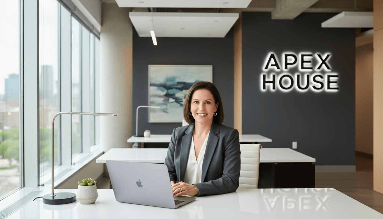 Stacy Leona Stigers, founder of Apex House, in a modern office setting with a laptop.