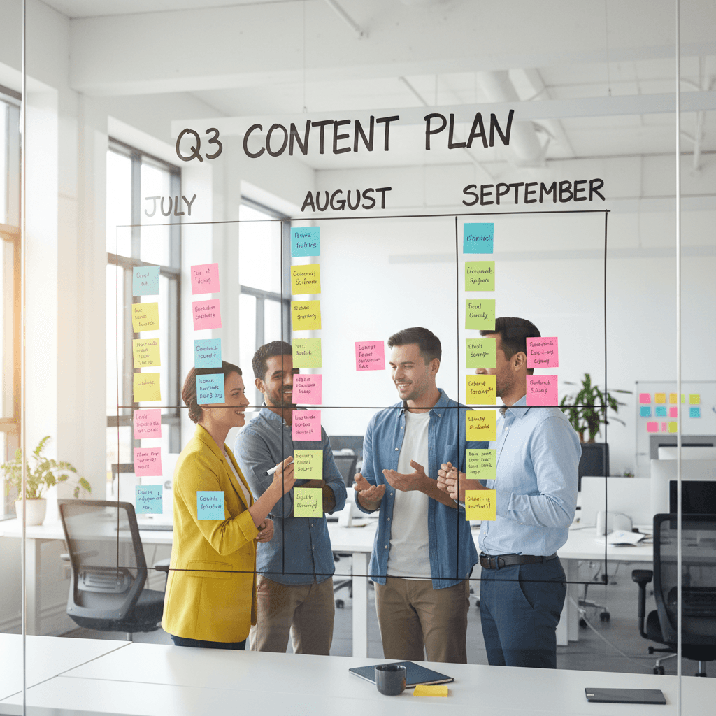 Marketing team planning a content calendar with sticky notes on a glass wall