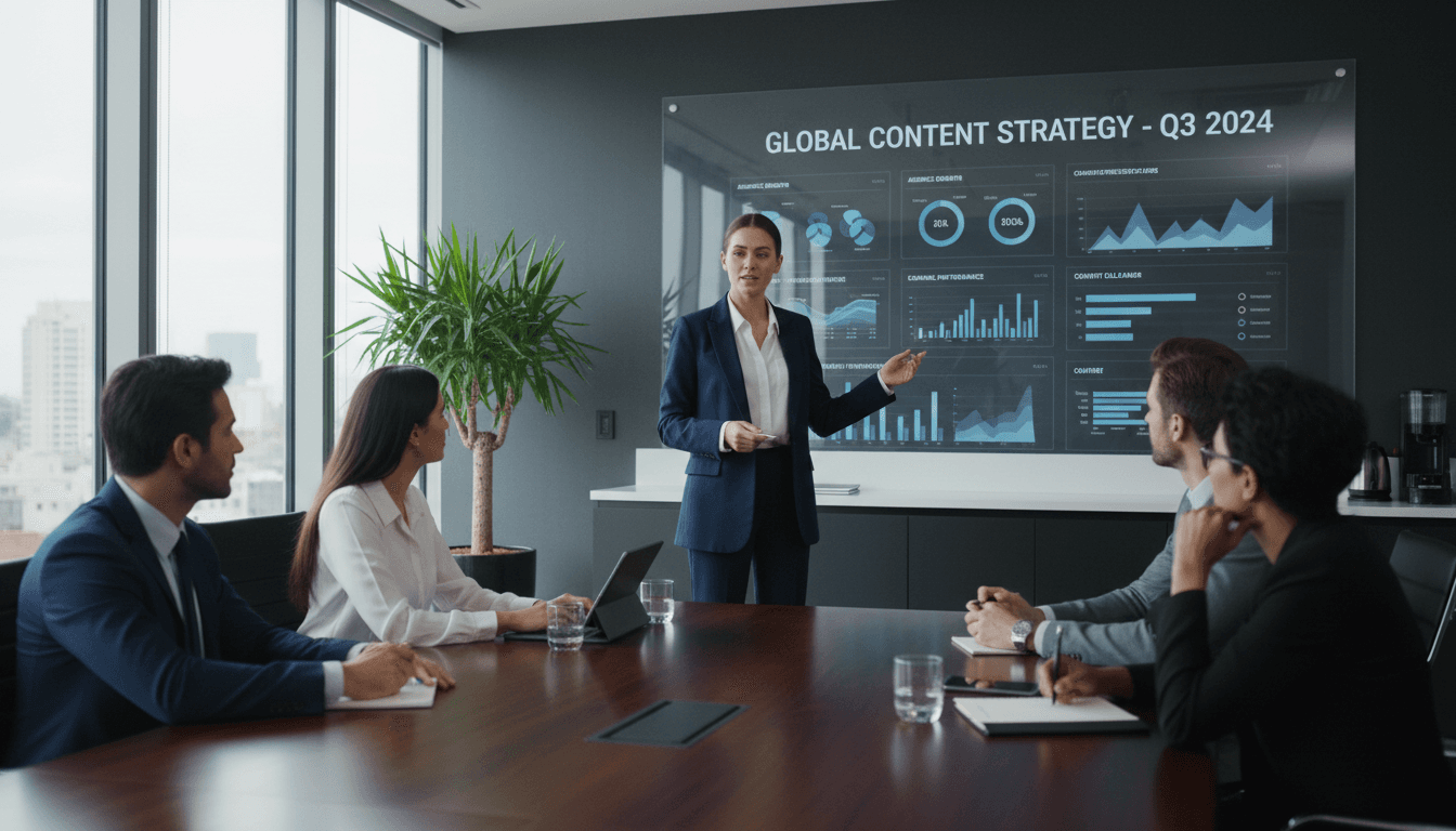 Professional woman presenting a content strategy dashboard in a bright meeting room
