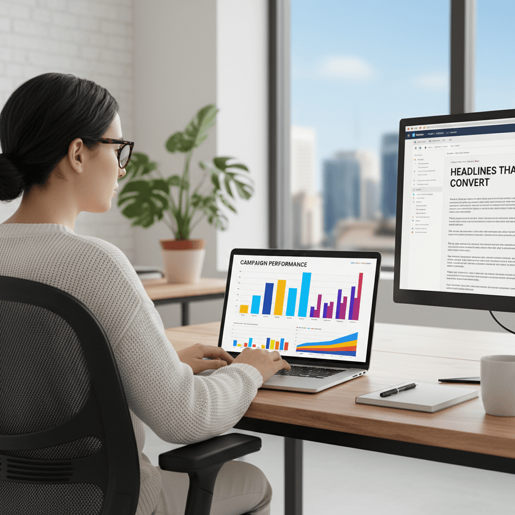 Copywriter working on a laptop with content performance charts in a bright workspace