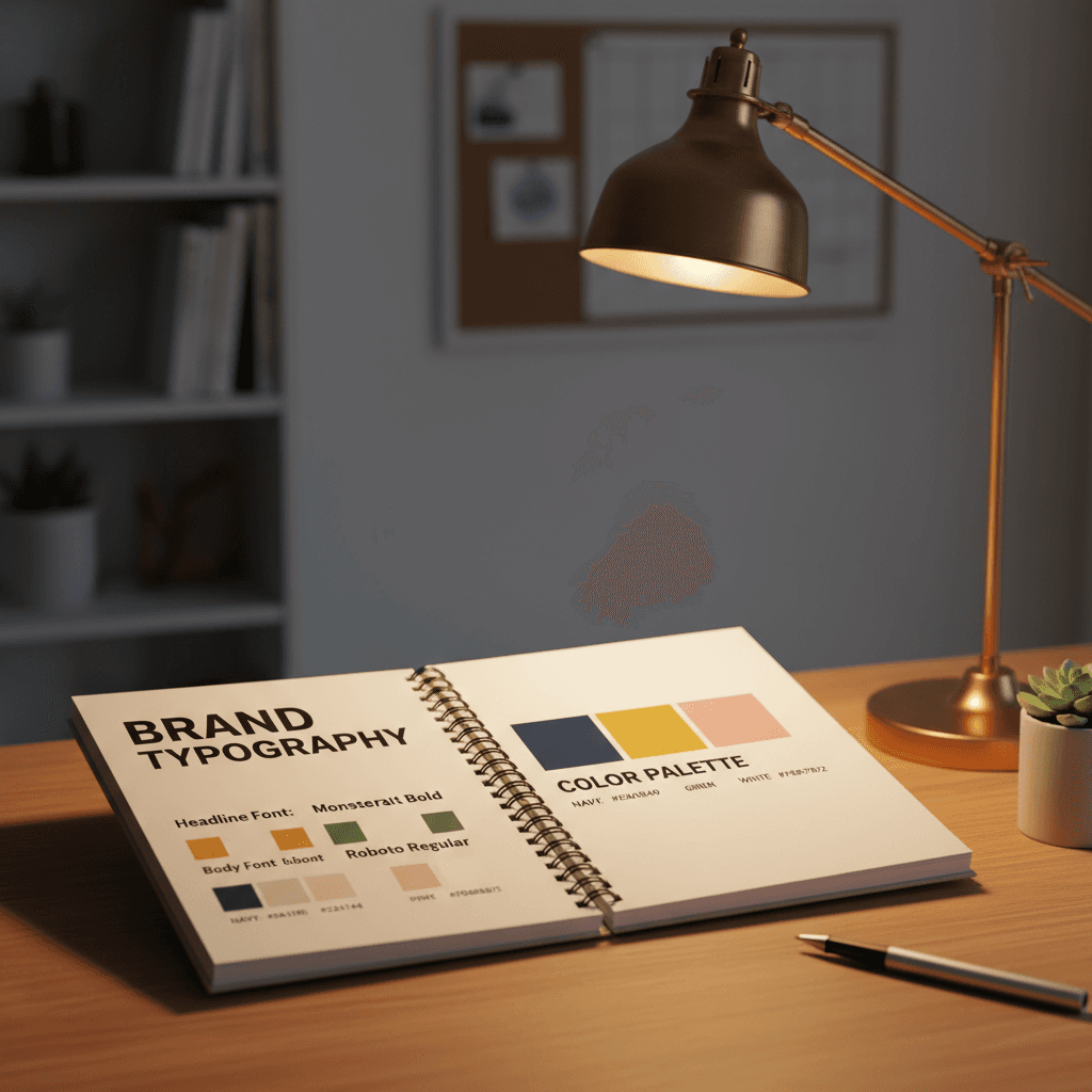 Open brand style guide showing typography and color swatches on a desk