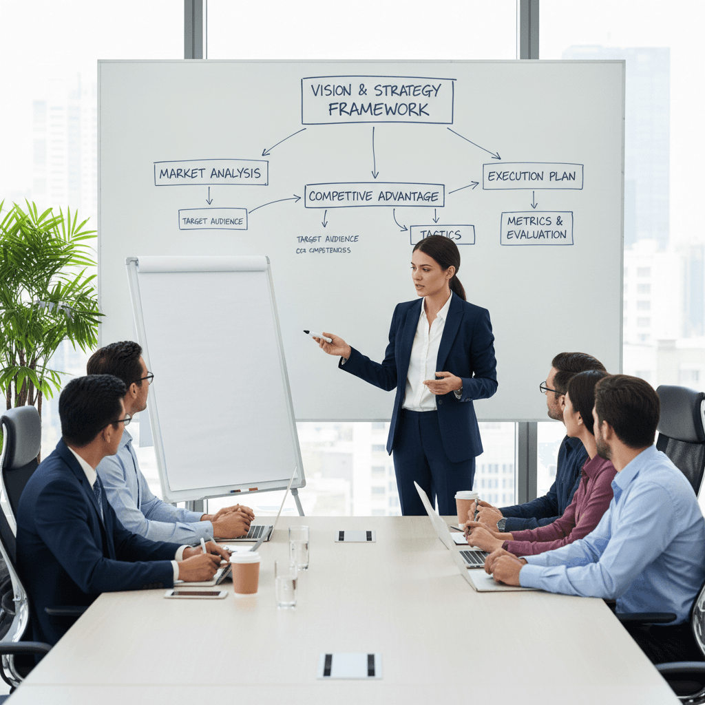 Professional presenting a strategy framework on a whiteboard in a meeting room