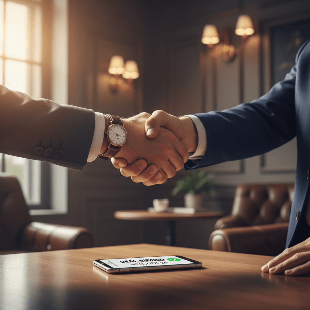 Close-up of a handshake between two professionals across a desk with a smartphone nearby