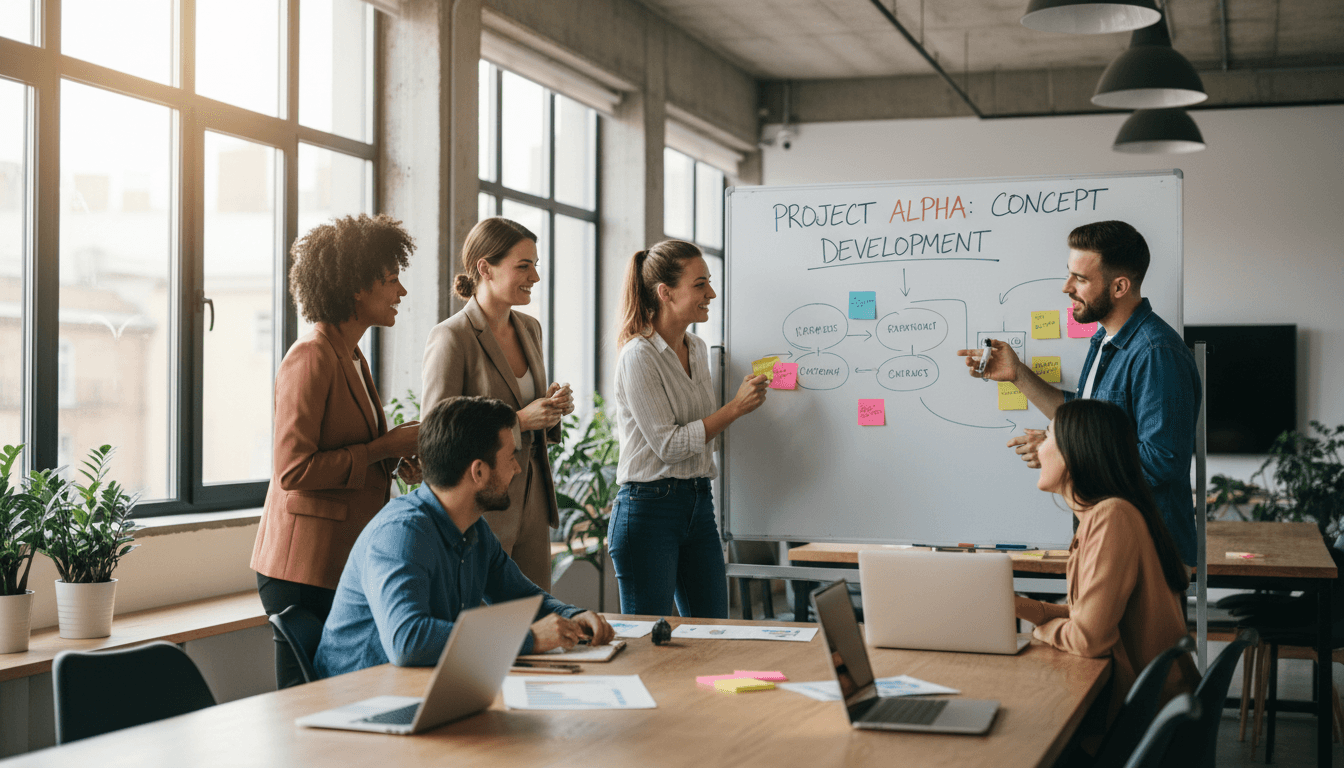 Creative team collaborating around a whiteboard with sticky notes