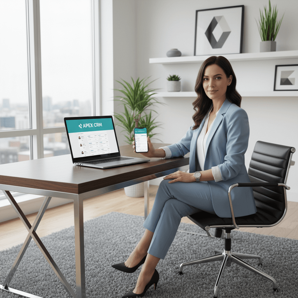 Businesswoman in modern home office using laptop and smartphone for contact management