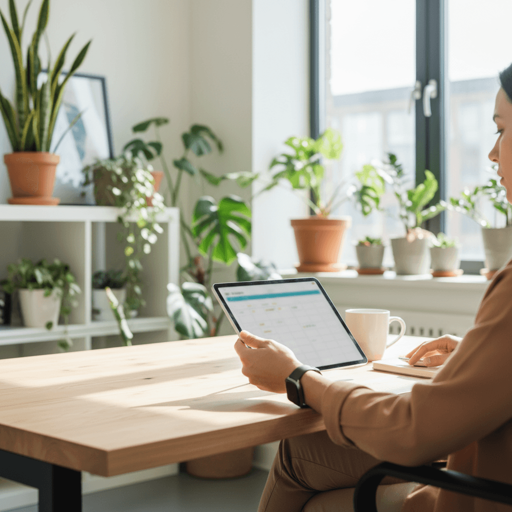 Professional holding a tablet reviewing an email calendar while seated in a bright office