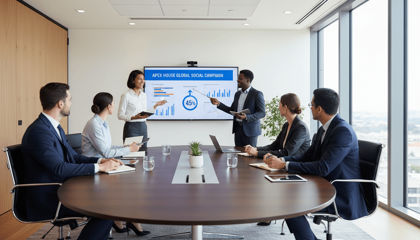 Diverse marketing team presenting social media campaign results and performance data to clients in conference room