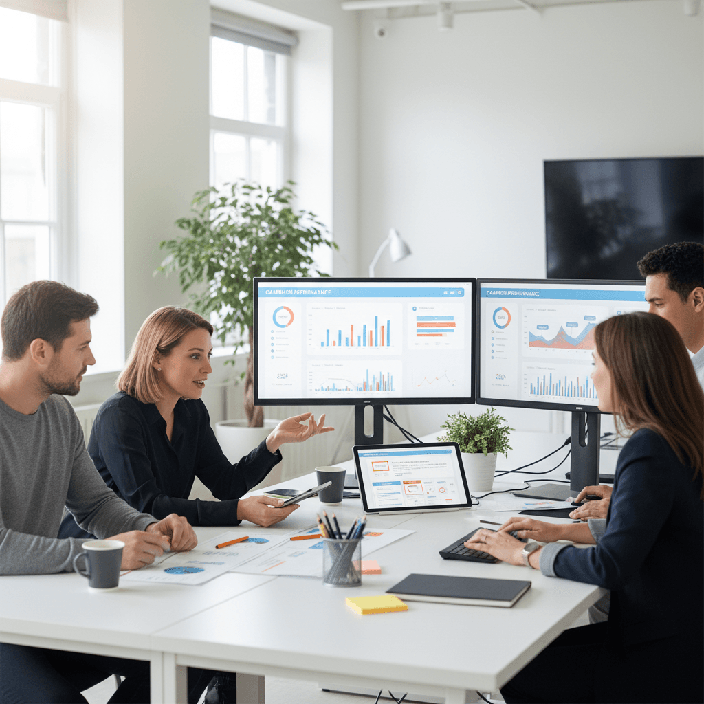 Team collaborating on email marketing campaigns in a modern office
