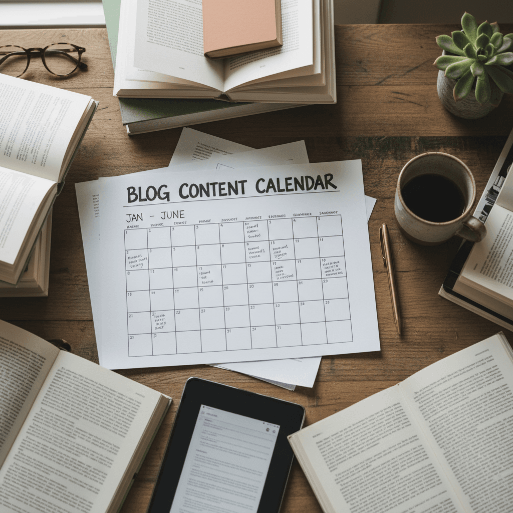 Overhead view of a notebook with a blog content calendar, coffee cup, and pen