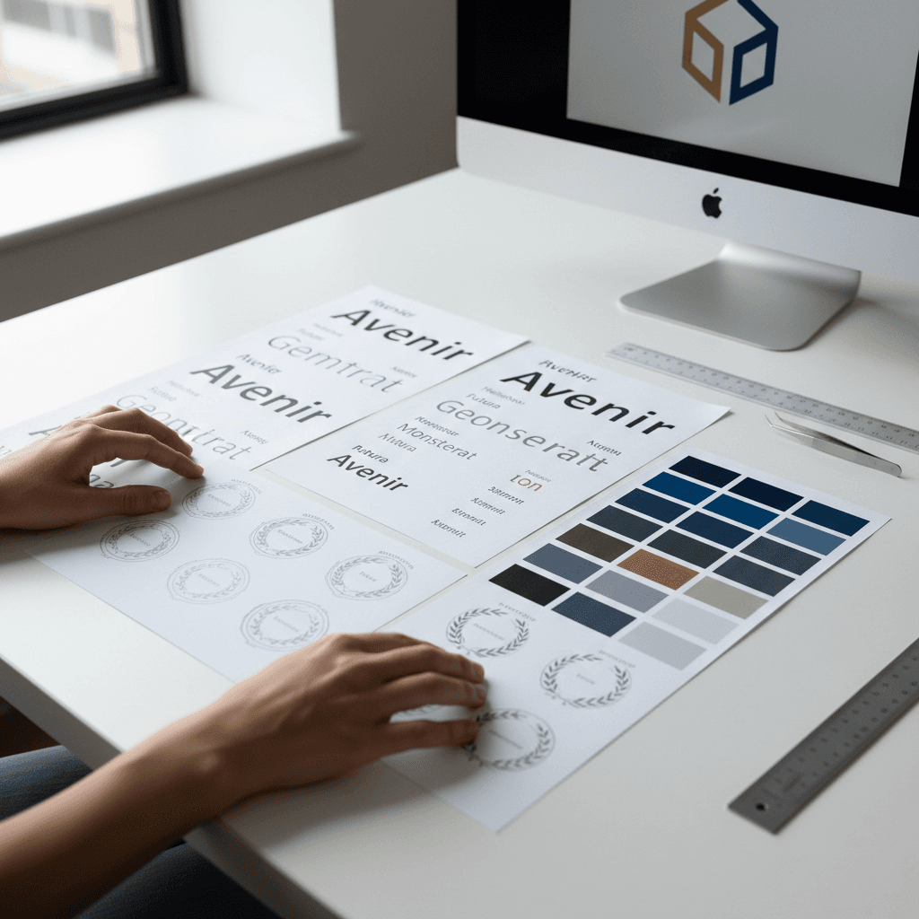Designer's hands arranging typography samples and color swatches on white desk with natural light