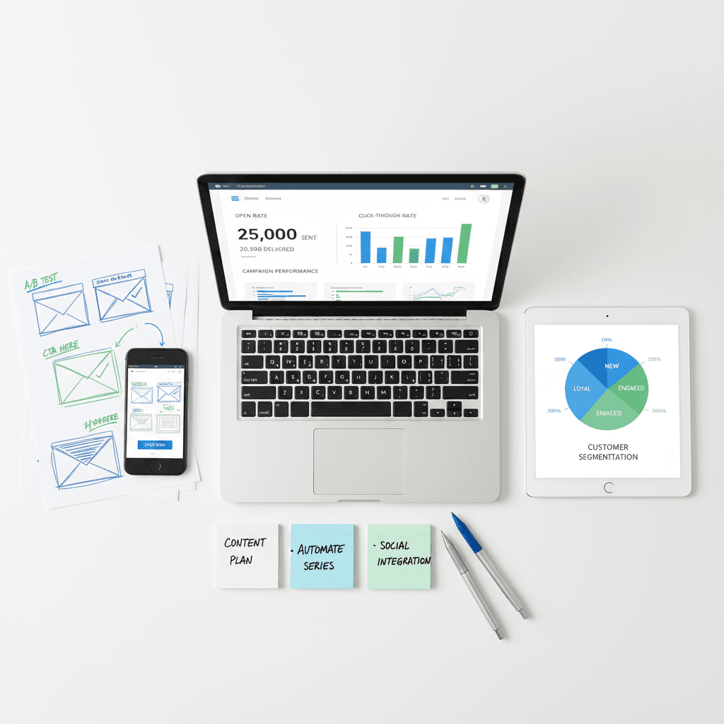 Organized flat-lay of laptop, smartphone, tablet, and marketing materials showing email campaign workflow and analytics
