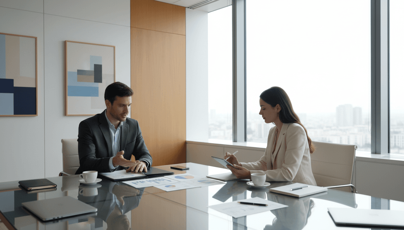 Two professionals conducting funding consultation at glass conference table in modern boardroom with natural light