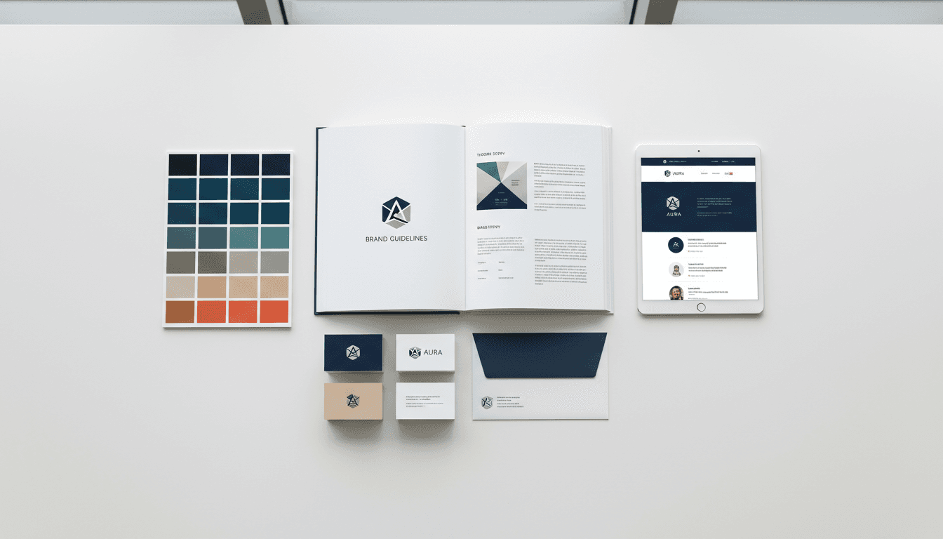 Comprehensive brand identity system displayed flat-lay style including logo, guidelines, business cards, and color swatches