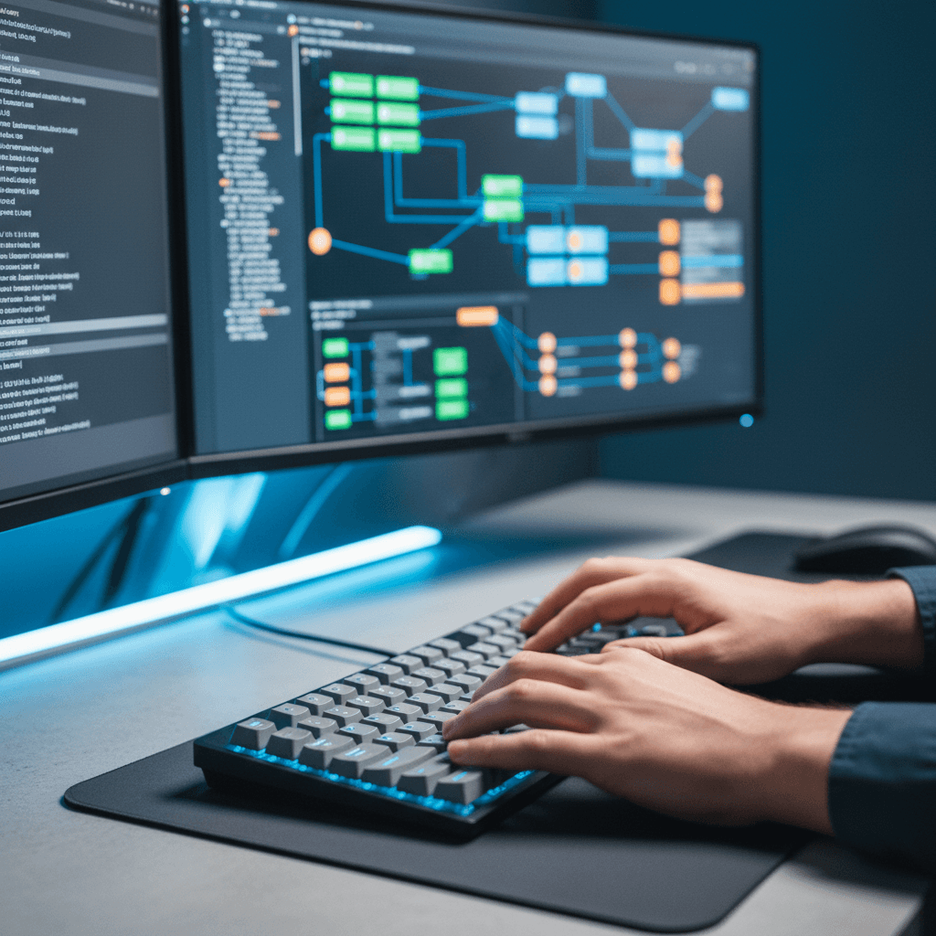 Software architect's hands typing on keyboard while designing cloud infrastructure and system architecture diagrams