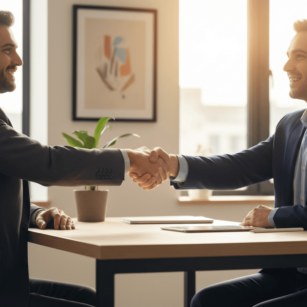 Two professionals shaking hands in natural office light, representing business partnership and agreement