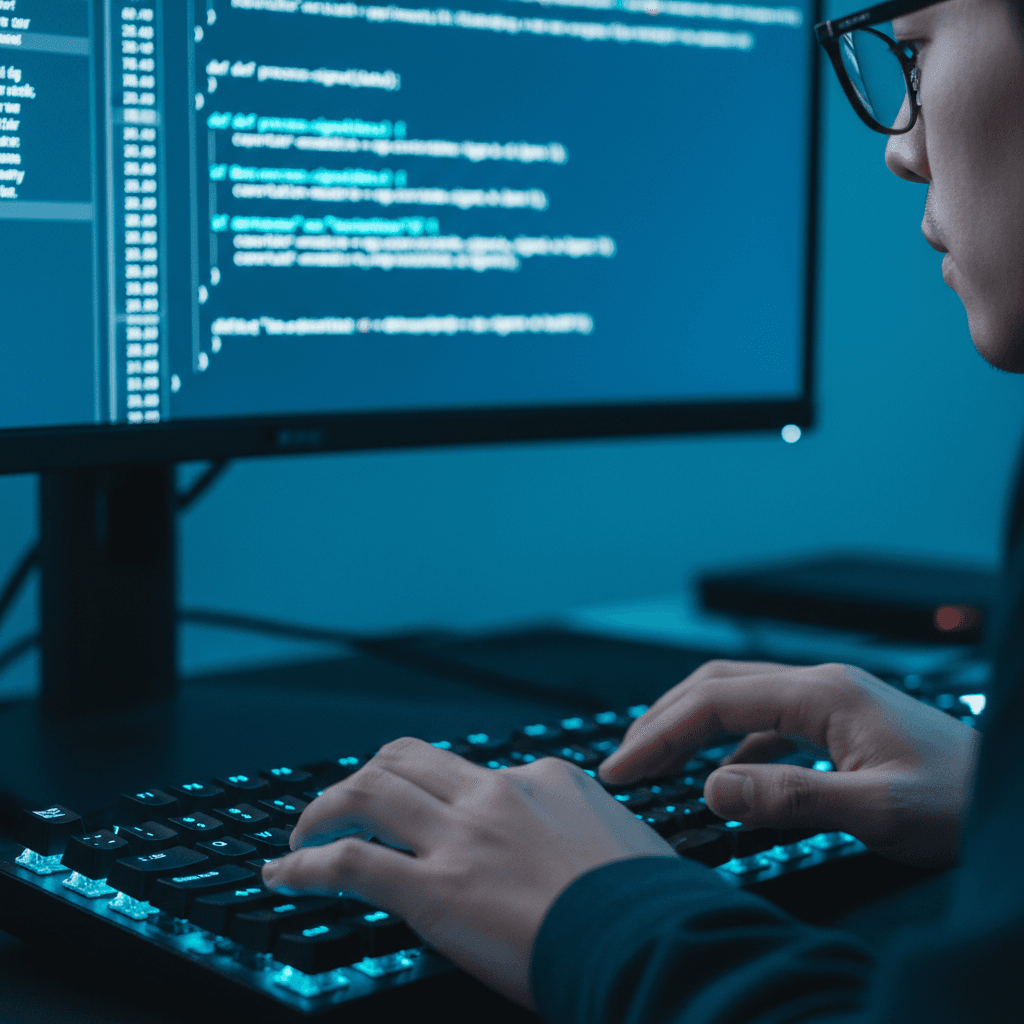 Close-up of programmer's hands typing on keyboard with analytical code visible on monitor screen