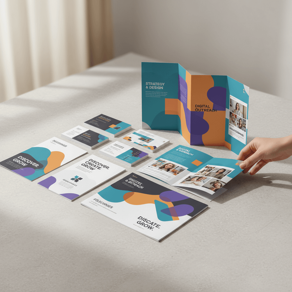 Arranged printed marketing materials including business cards, brochures, and promotional flyers with modern design