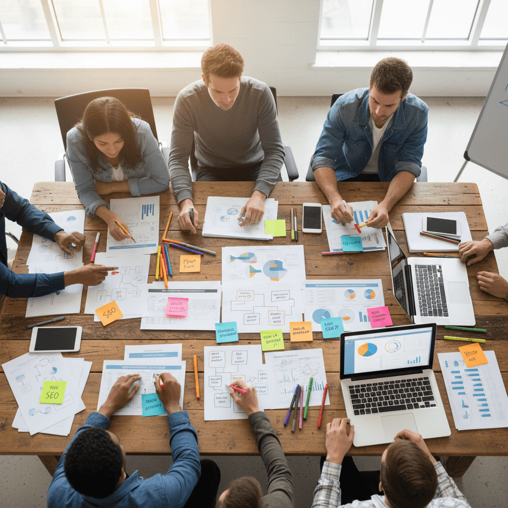 Overhead view of marketing strategy workshop with campaign documents, social media calendars, and team members' hands collaborating