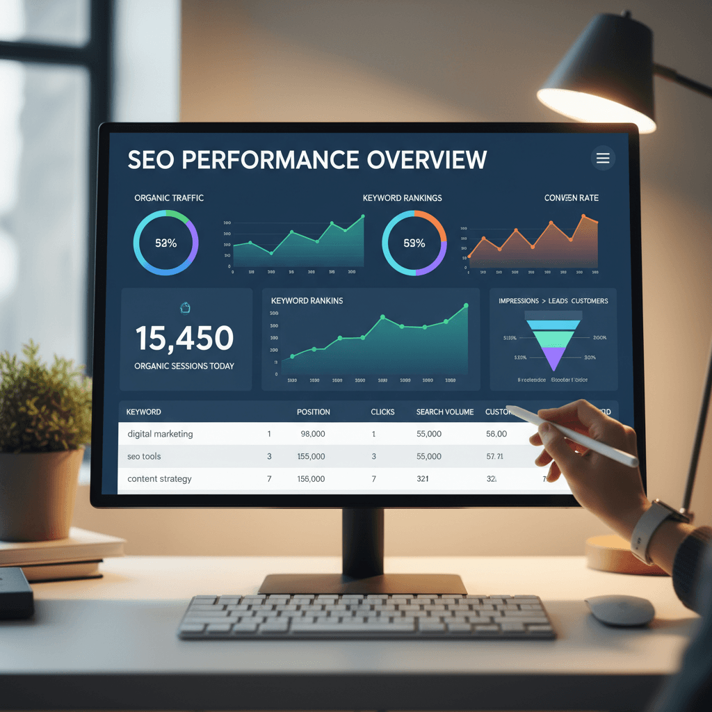 SEO analytics dashboard on computer screen showing keyword rankings, traffic metrics, and conversion data with designer pointing to data point