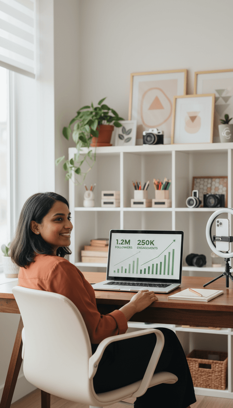 Content creator smiling at laptop showing rising social media engagement graphs and growing follower metrics in bright home studio