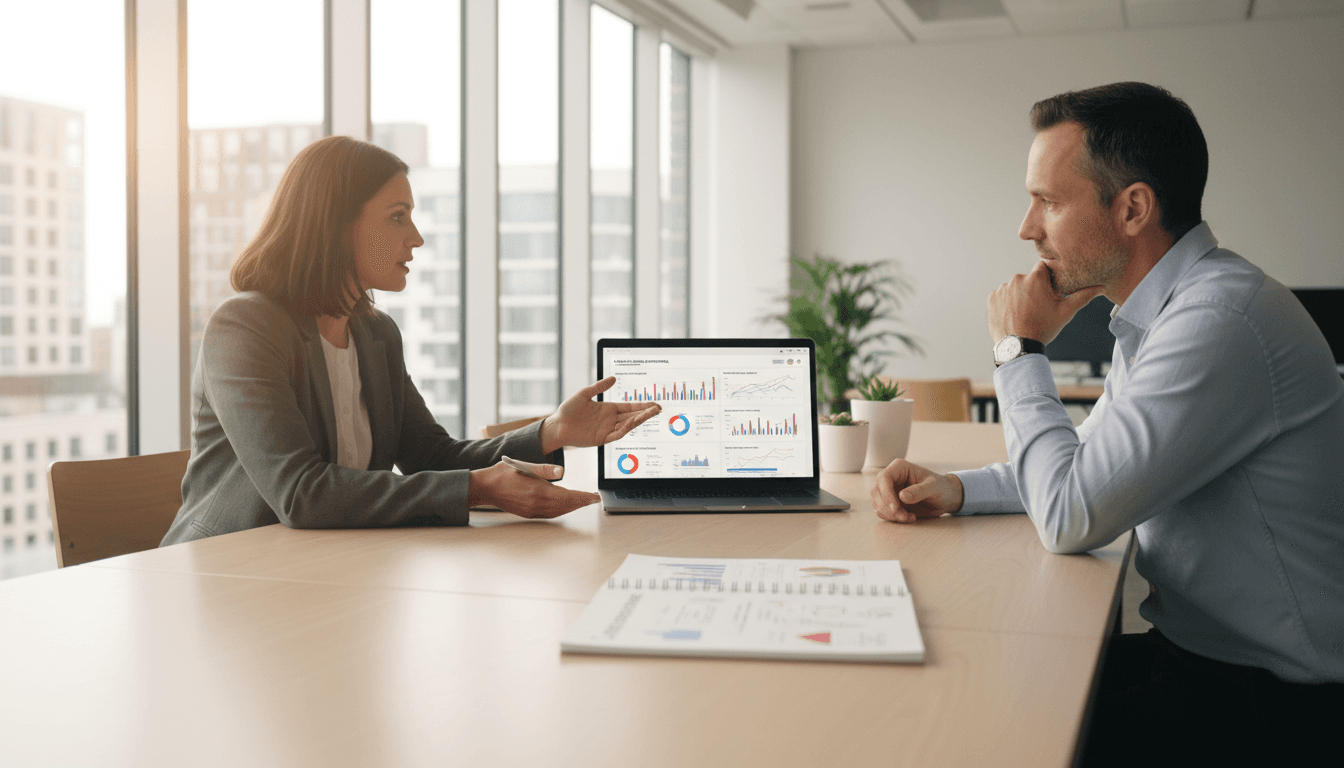 Email marketing professional and client reviewing campaign performance metrics and customer journey analytics on laptop during collaborative strategy consultation