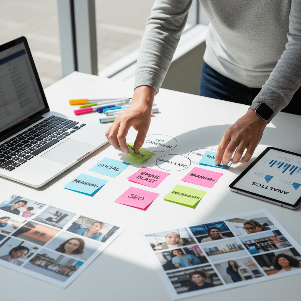 Marketing strategist arranging colorful sticky notes and campaign concepts on desk with laptop and analytics tablet