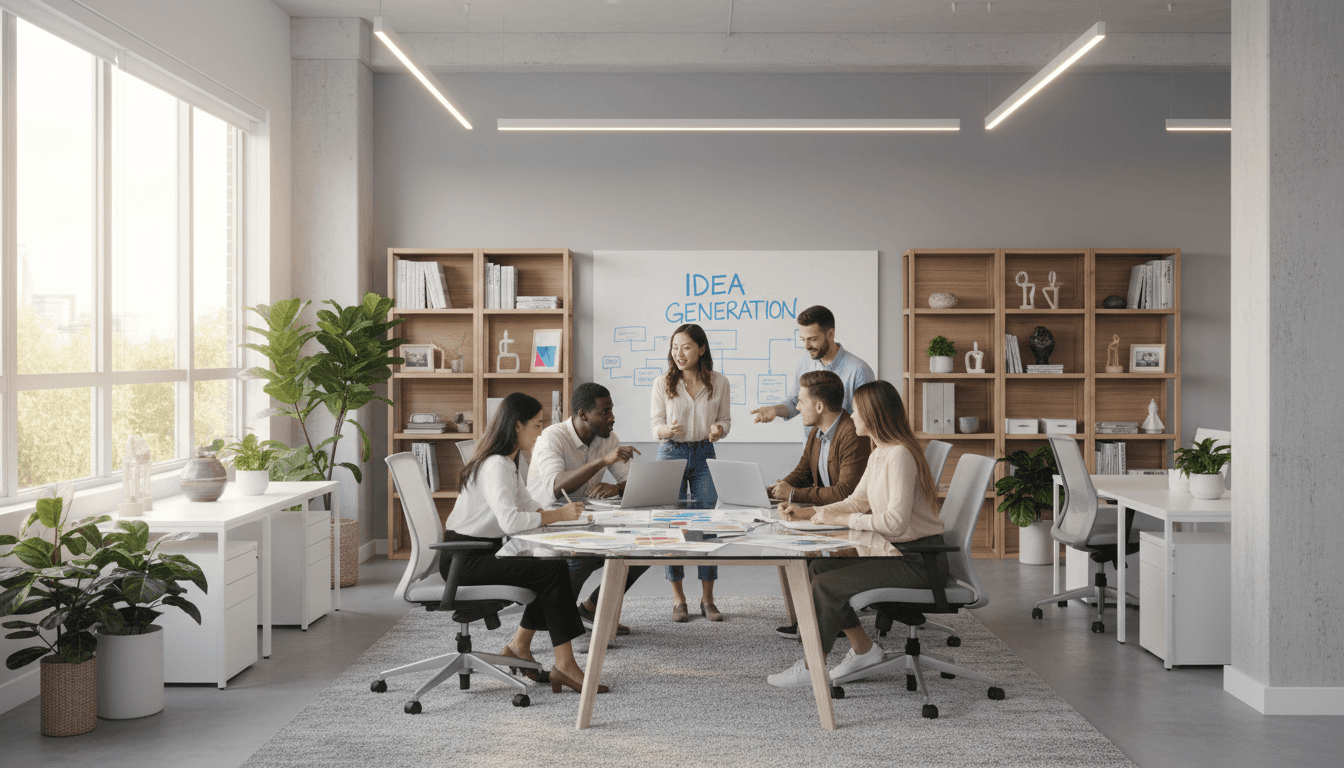 Diverse team of professionals collaborating around glass table with laptops and design mockups in bright, modern office space
