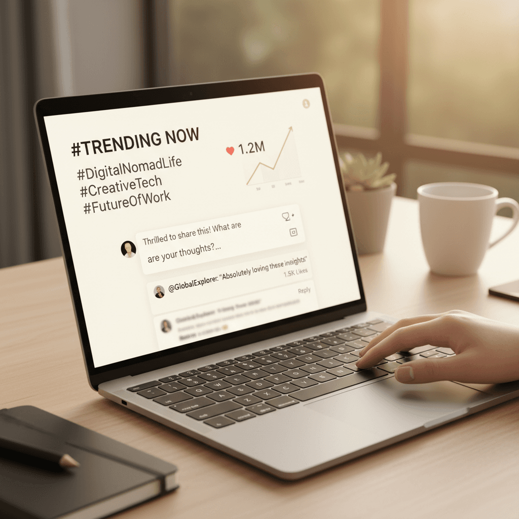 Laptop screen displaying social media metrics, hashtags, and engagement data with hands on keyboard