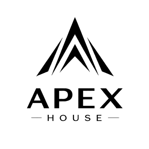Minimalist black logo for Apex House featuring a sharp, geometric A symbol on white.