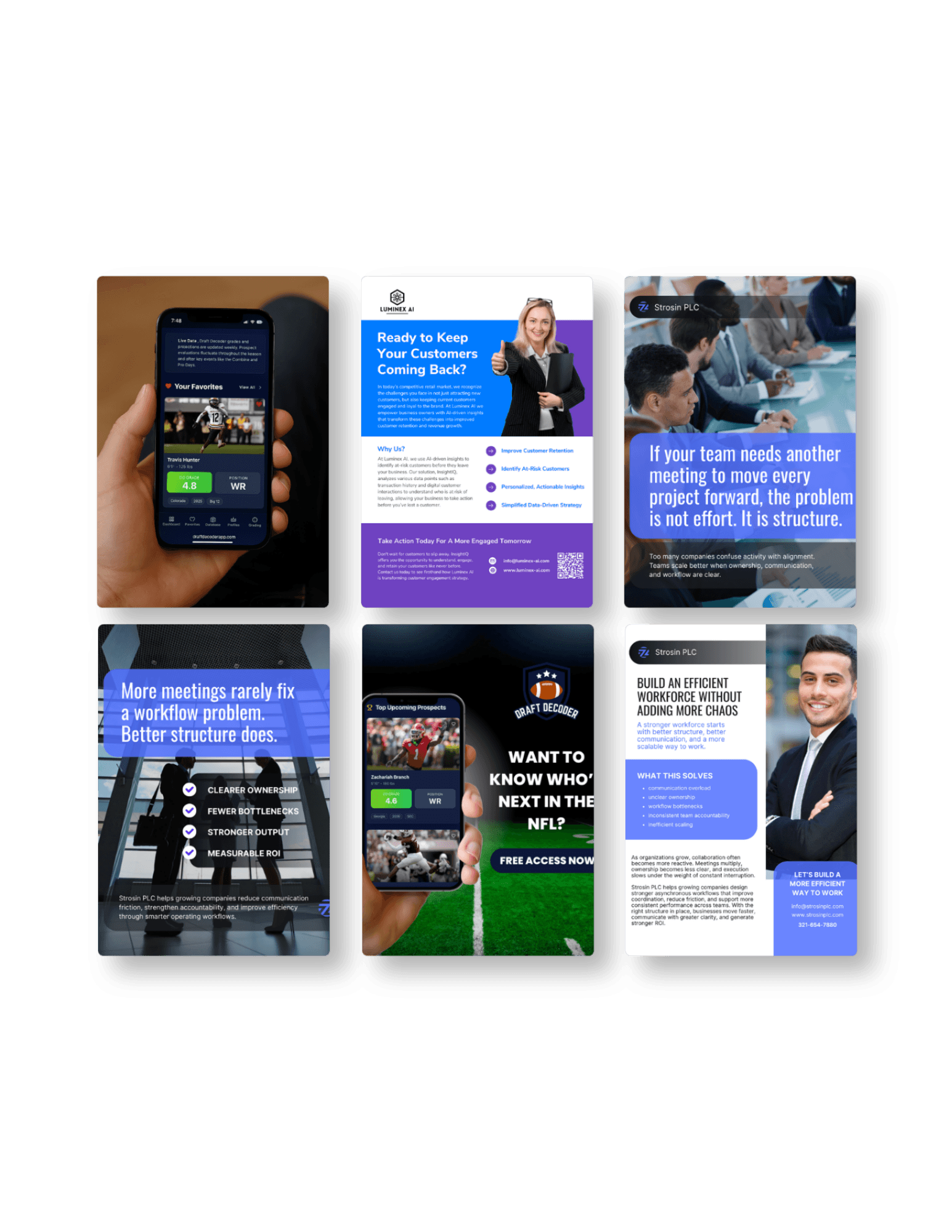 Six marketing graphics featuring business consulting flyers and a sports draft mobile application interface.