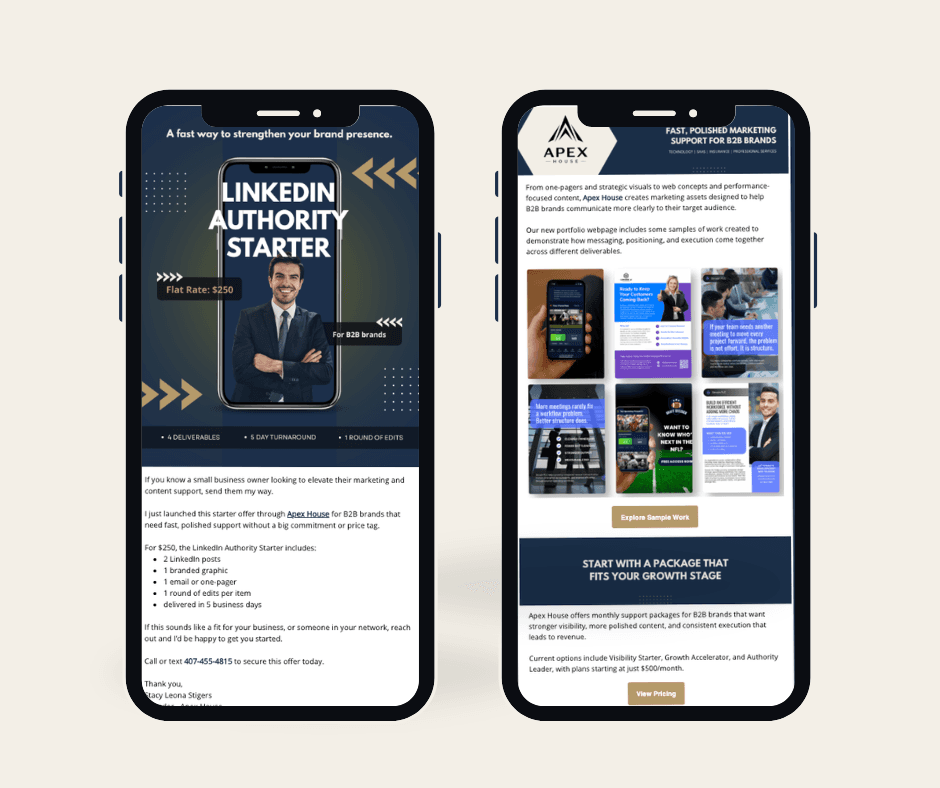 Two smartphones displaying marketing content for Apex House B2B services and LinkedIn Authority Starter.