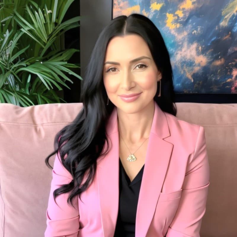 Smiling woman with long black hair wearing a pink blazer sitting on a pink couch.