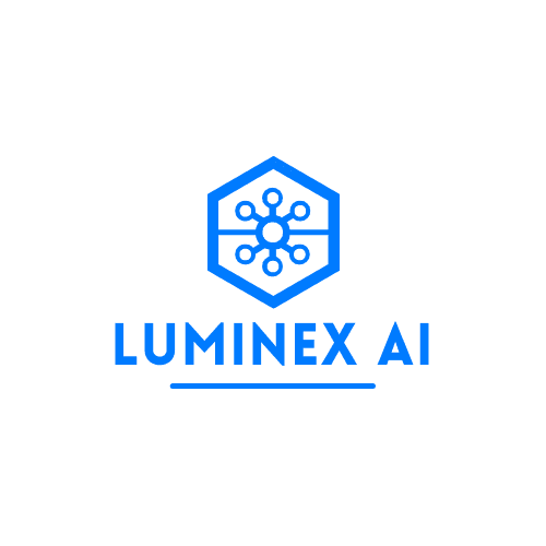 LUMINEX AI logo in blue with a hexagonal icon featuring a central network node.