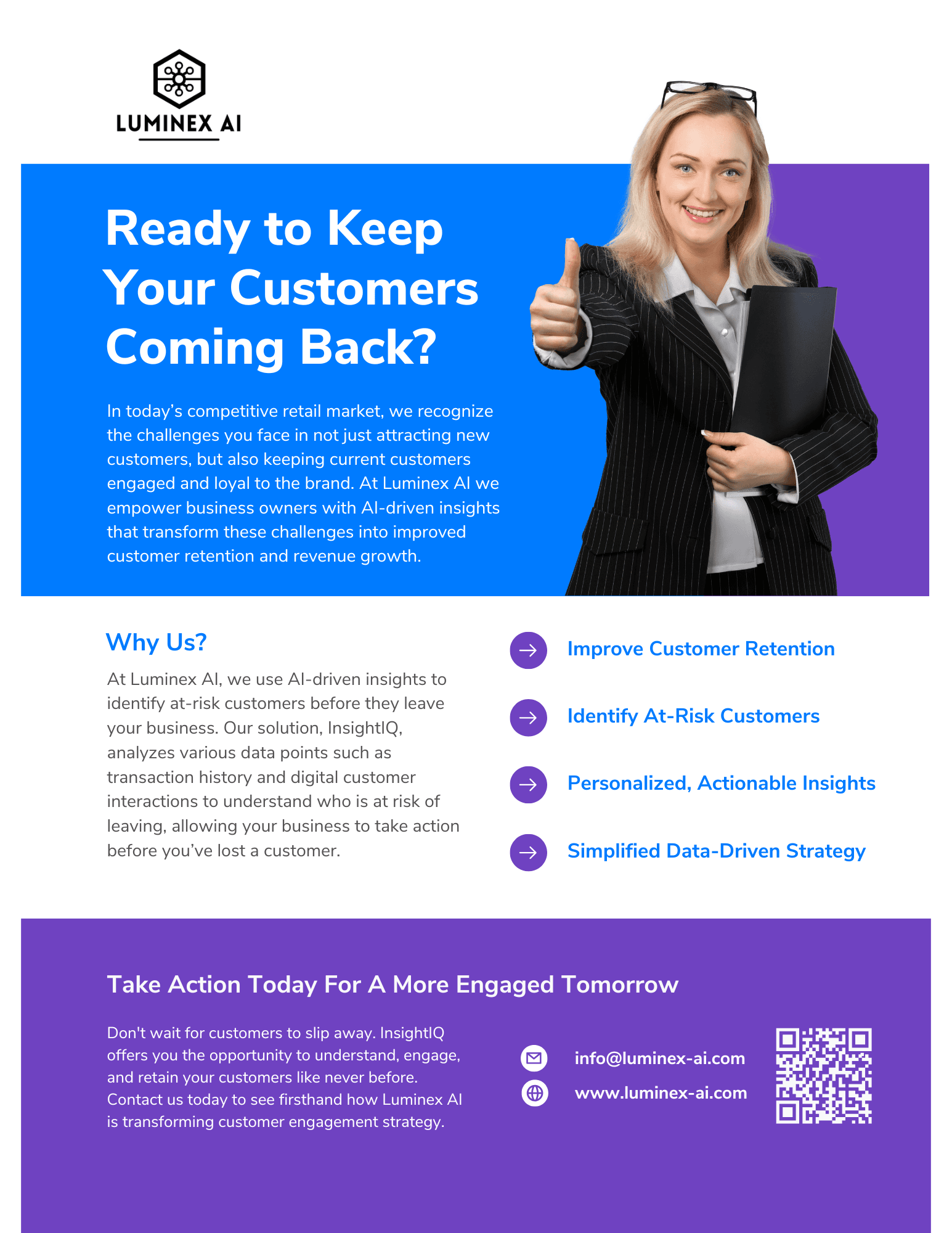Luminex AI flyer for customer retention services featuring a professional woman and business benefits.