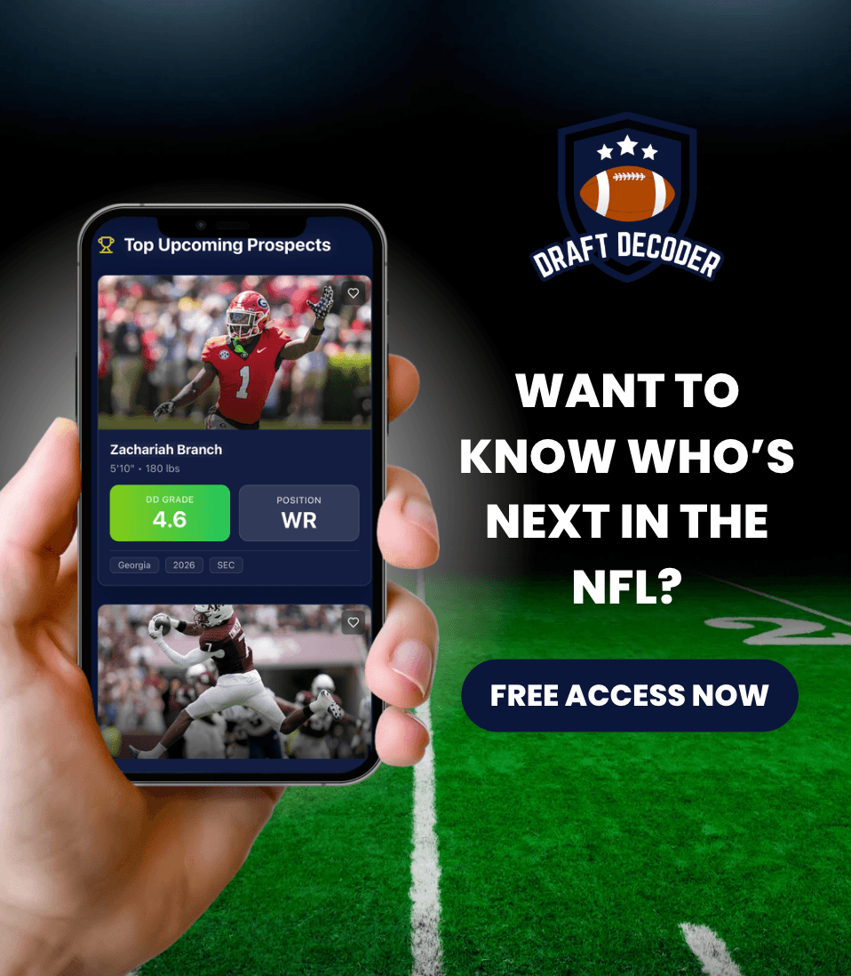 Smartphone showing Draft Decoder football scouting app held over a green field at night.
