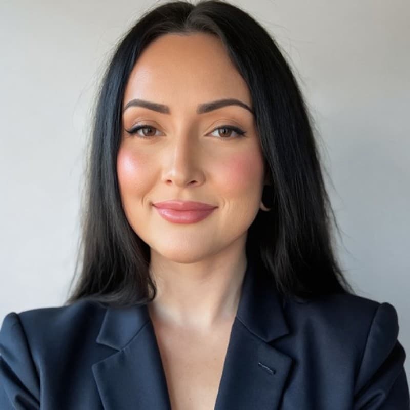 Smiling woman with long dark hair and professional makeup wearing a navy blue blazer.