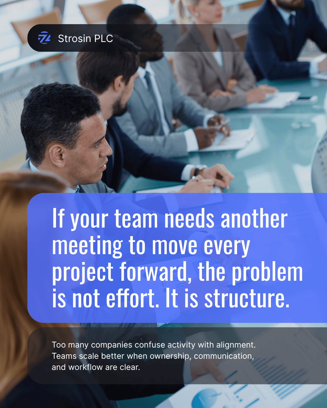 Business professionals in a meeting with text about structure versus effort in project progress.