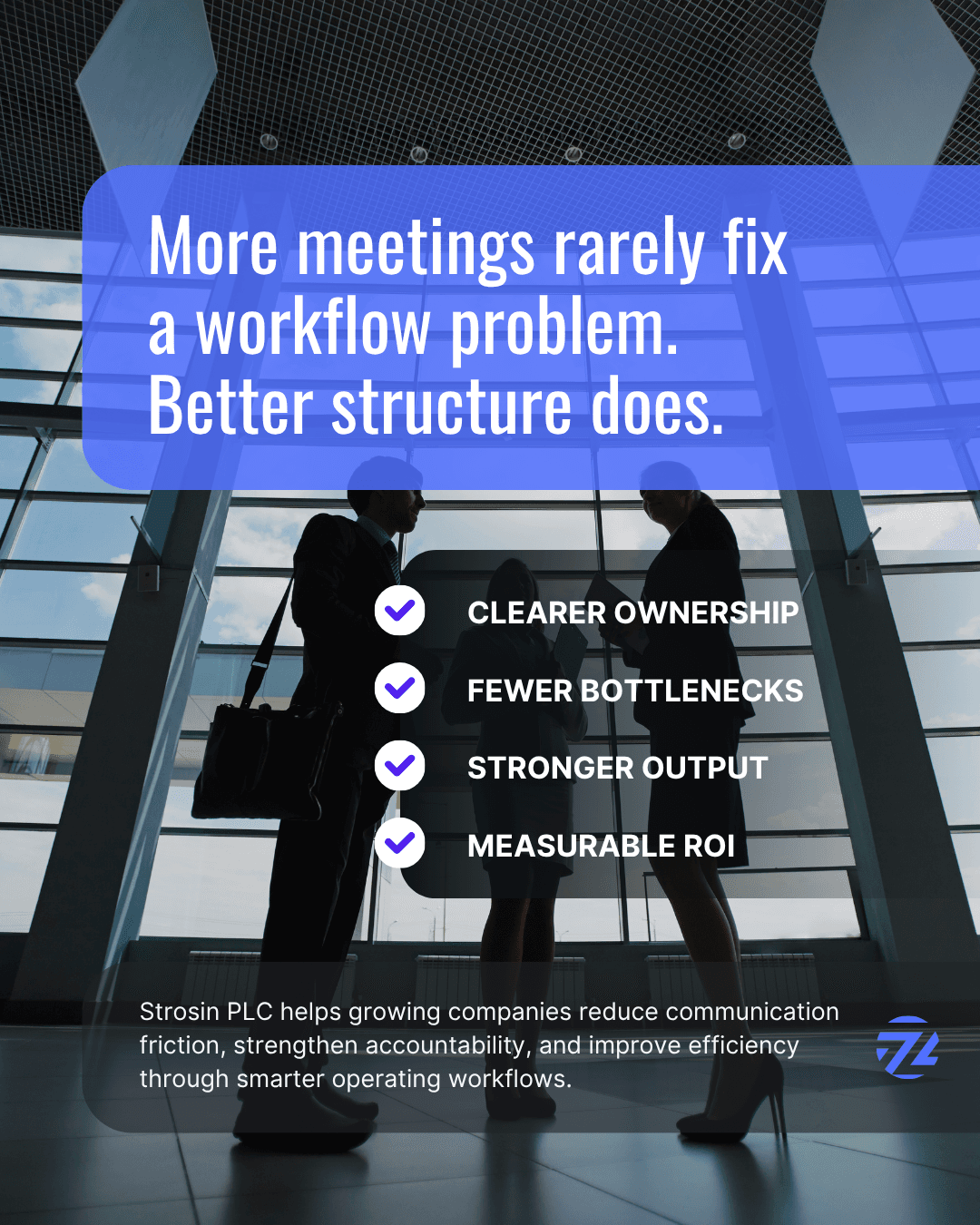 Silhouetted business professionals in an office with text about improving workflow through better structure.