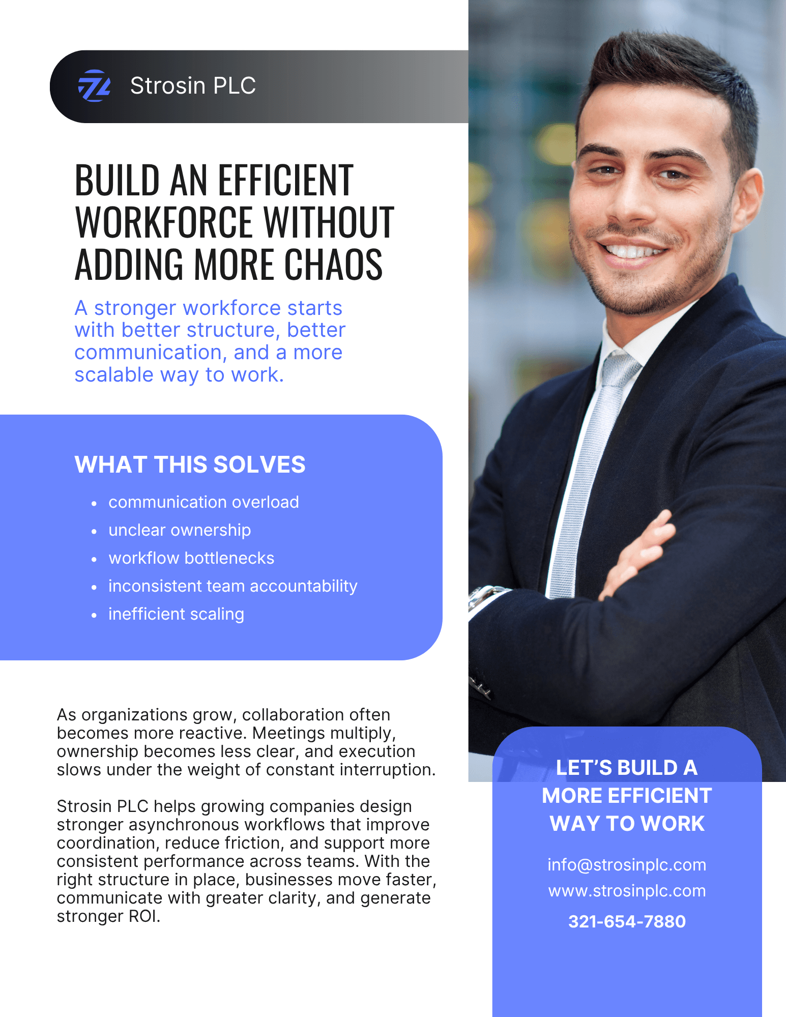 Strosin PLC marketing flyer featuring a smiling businessman and text about building an efficient workforce.